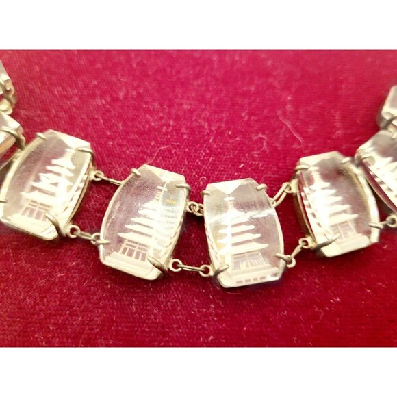 ANTIQUE ART DECO SILVER GLASS INTAGLIO ASIAN PAGODA MOTIF BRACELET - Picture 2 of 11